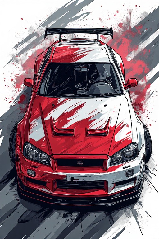 Nissan Skyline R34 Red Splatter Anime Style Wallpaper in high resolution 4k. Features: .
