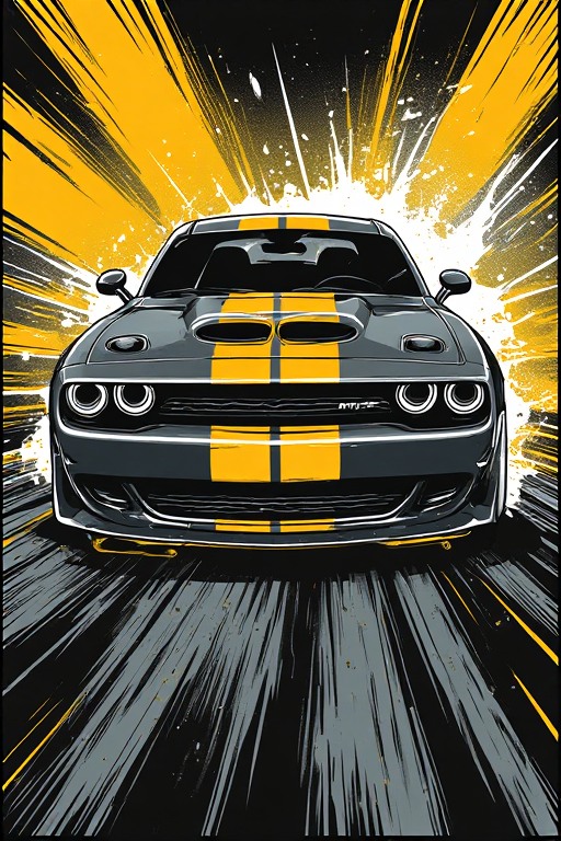 Yellow Comic Style Dodge Challenger Sports Car Wallpaper in high resolution 4k. Features: car.